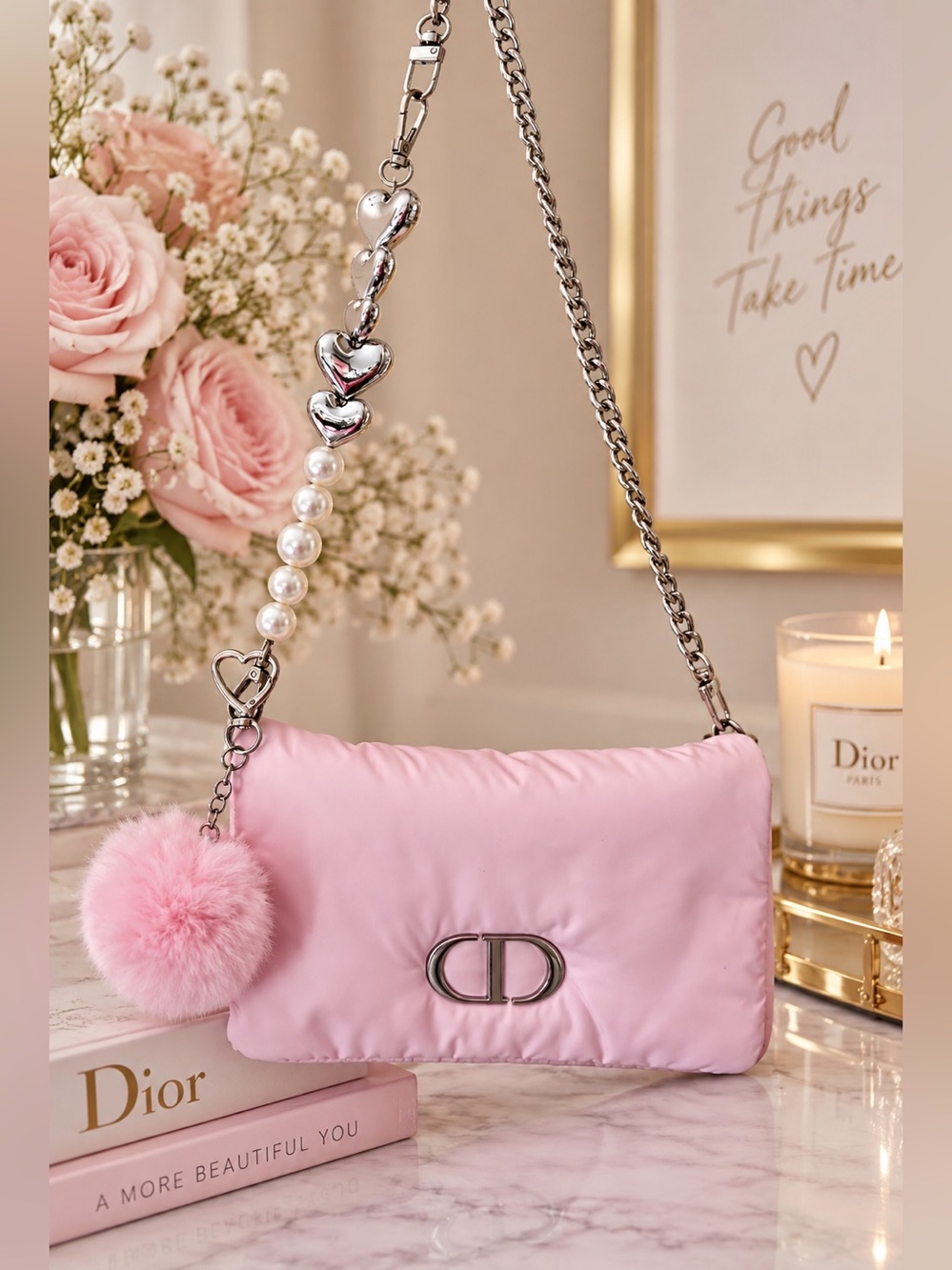 Dior Pink Padded Shoulder Bag with Pearl & Heart Chain Charm